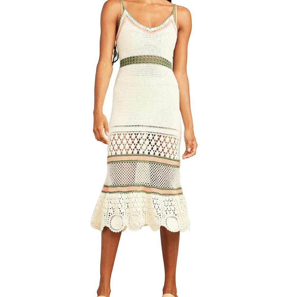 Hand Crochet Dress in Natural, pink and green combo. Roller Rabbit size XS.